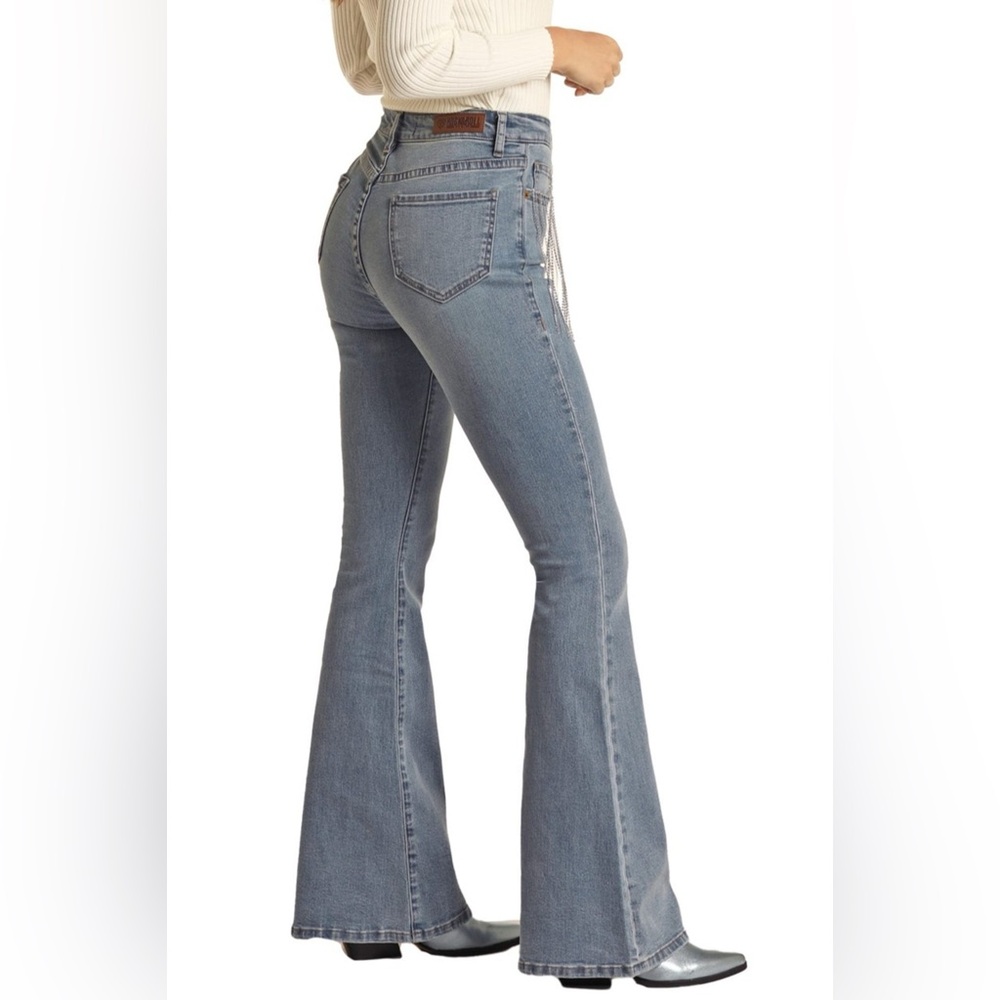 ROCK & ROLL DENIM POCKET FRINGE HIGH RISE FLARE 25 - Picture 3 of 7